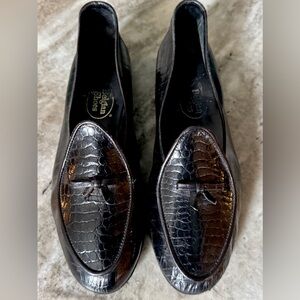 BELGIAN SHOES TRAVELETTE LOAFER BLACK CROCODILE EMBOSSED SLIPPER BOW TIE SZ 5
